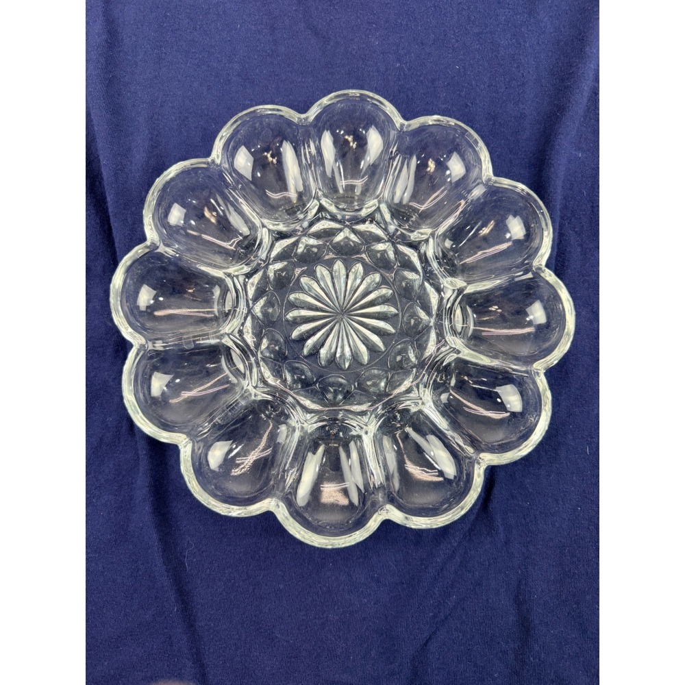 Vintage Clear Pressed Glass Deviled Egg Platter 12 Slot Scalloped Starburst 9"